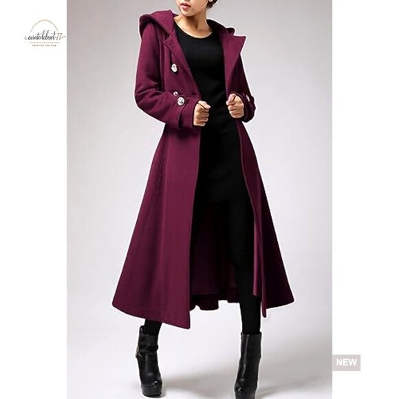Long Wool Blend Trench Coat with Hood and Belts, Windproof Winter Coat - Picture 2 of 7